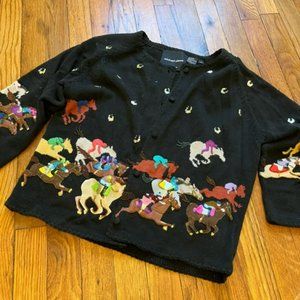 Black Sweater with horses racing